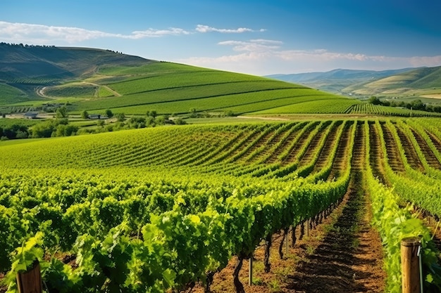 Green field with rows of vines for harvesting Ripe grapes for the production of fine wines Generative AI