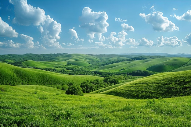 a green field with a sky and clouds in the background