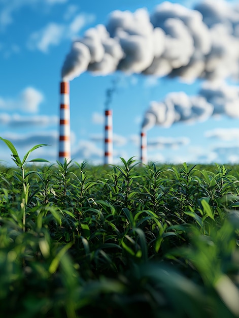 Photo green field with smokestacks emitting smoke blue sky background