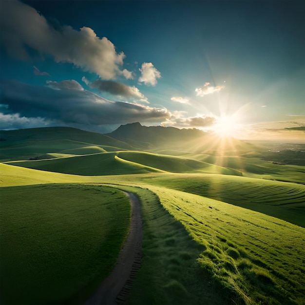 A green field with the sun shining through the clouds