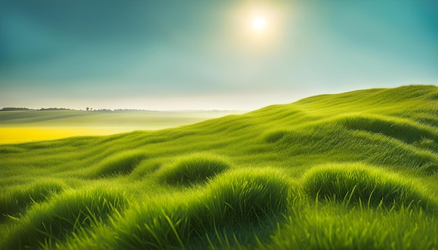 a green field with the sun shining through the grass