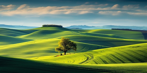 Photo a green field with a tree and hills in the background