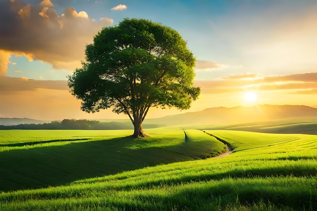 A green field with a tree on the horizon