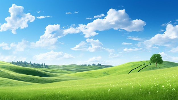 A green field with a tree and the sky in the background