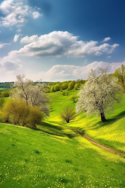 A green field with trees and a blue sky