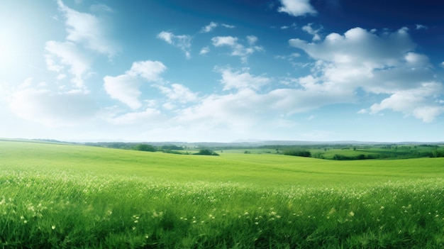 a green field with white flowers