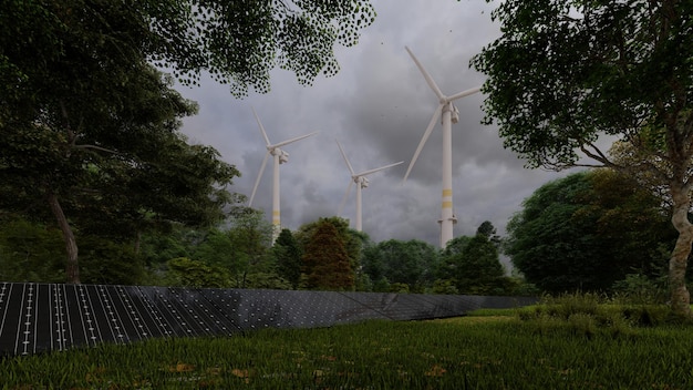 A green field with wind turbines in the distance