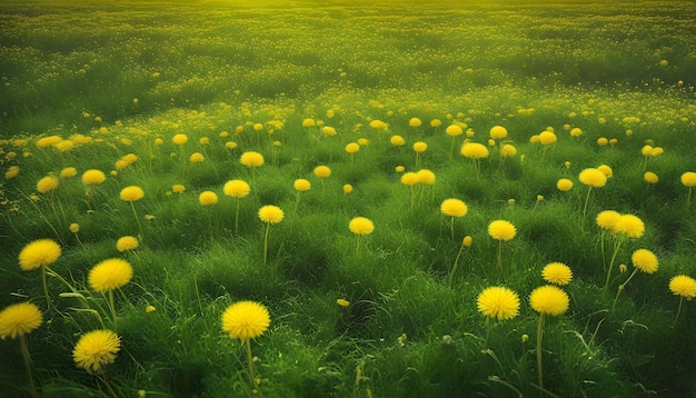 Green field with yellow dandelions Closeup of yellow spring flowers on the ground