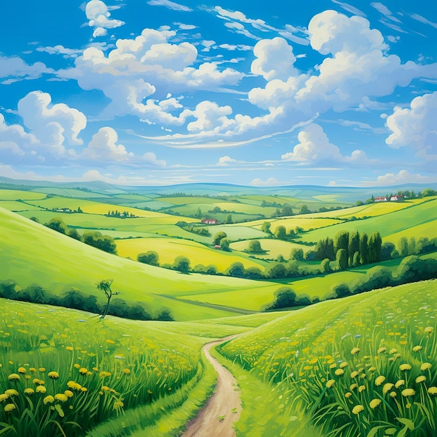 Green Fields Rolling Hills Spring Landscape under Blue Sky AI Generative