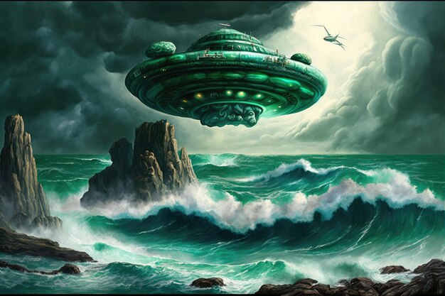 Green filtered image of UFO flying above stormy ocean