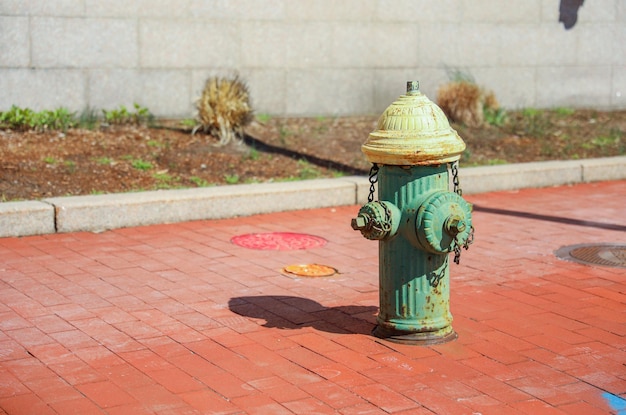 A green fire hydrant on a red brick sidewalk.