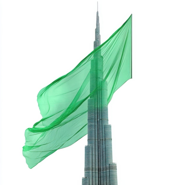 Photo a green flag is waving in the wind in front of a building