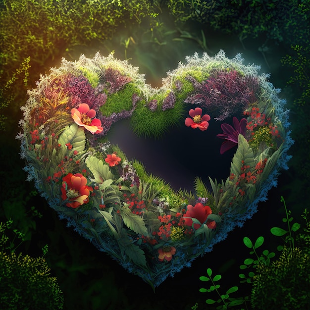 Green floral heart on grass Spring summer love nature concept AI