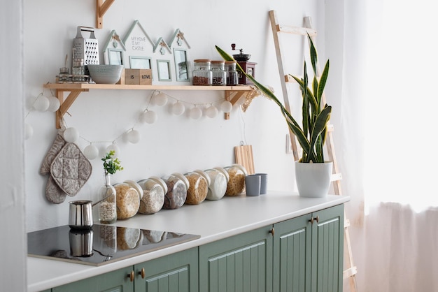 Green flower in the kitchen White Scandinavian cuisine Cereals are arranged in glass jars on the countertop