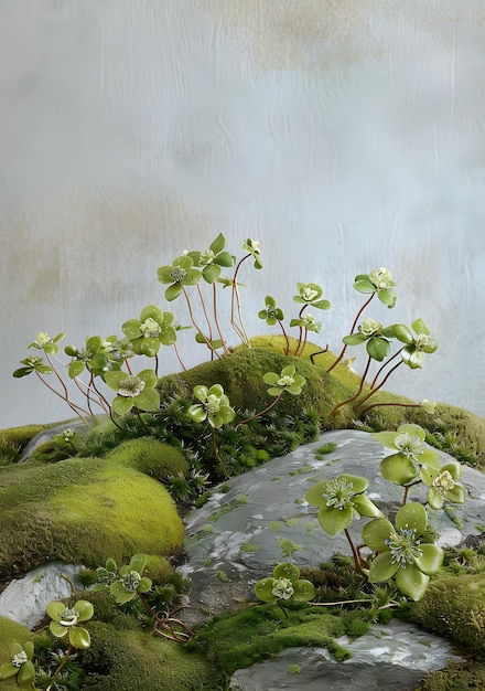 Green Flowers on Mossy Rocks