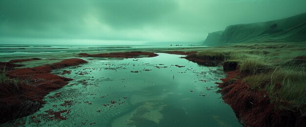 Photo green foggy landscape at sea