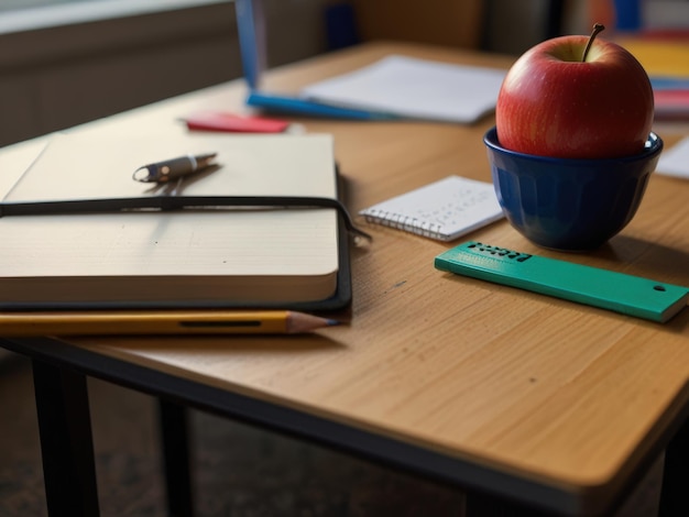 Photo a green folder with the word on it is next to an apple