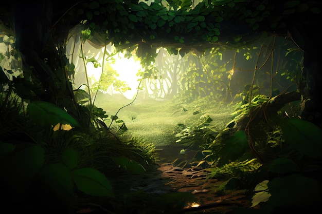 Green Foliage Summer Forest Tunnel Path in Dense Vegetation Abstract Generative AI Illustration