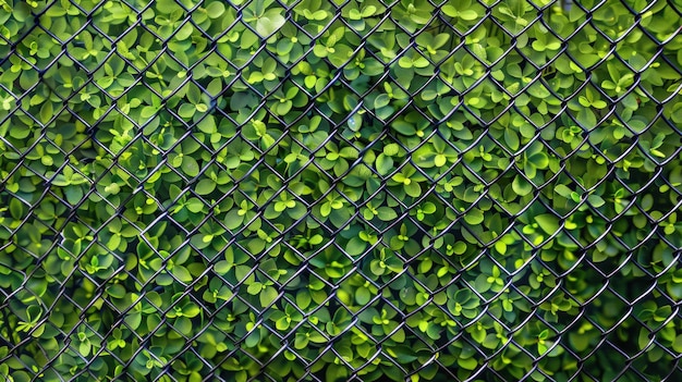 Photo green foliage through a chain link fence