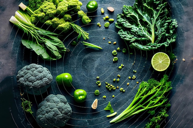 Green food background on stone table