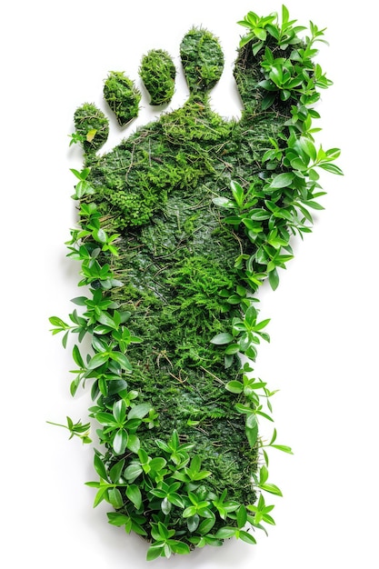 Photo green footprints made of leaves against white a creative trail of lush green footprints symbolizing ecological footprint and environmental awareness