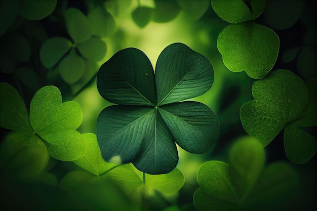 Green forest background with large fourleaf green clover on blurry leaves