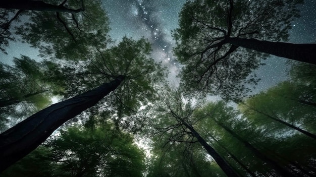 Green Forest of Beech Trees looking up low angle shot AI Generative