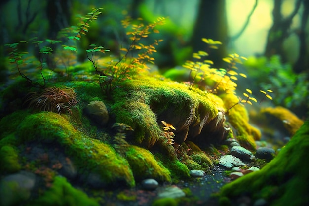 A green forest floor covered in moss and undergrowth