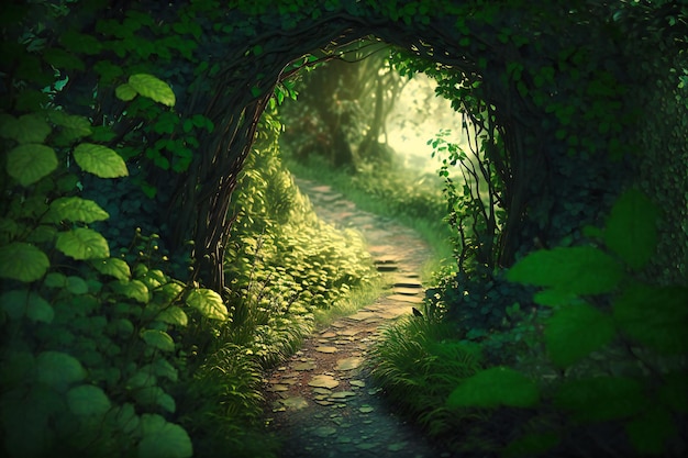 A green forest path overgrown with lush foliage and underbrush