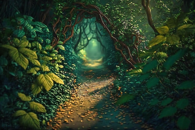 A green forest path overgrown with lush foliage and underbrush