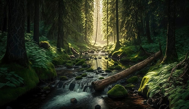 Green forest in sunlight with forest stream Generate Ai