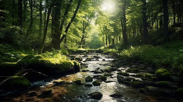 Green forest on sunlight with forest stream Generative AI