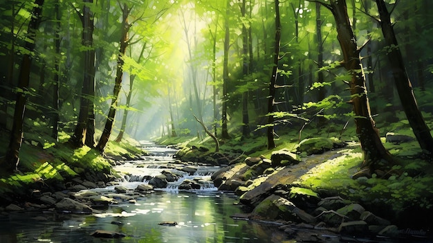 Green forest on sunlight with forest stream Generative AI