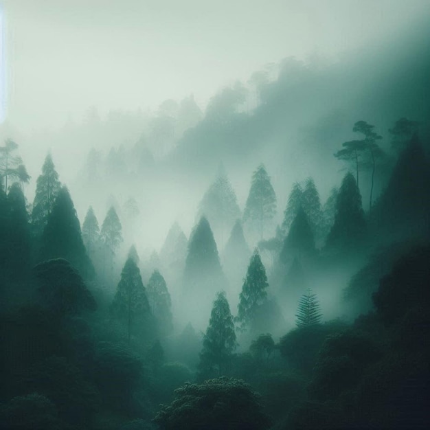 Photo green forest trees background with fog effect