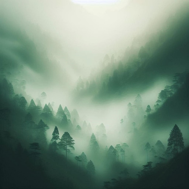 Photo green forest trees background with fog effect