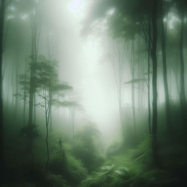 Photo green forest trees background with fog effect