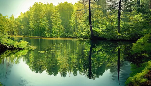 Green of the forest which is reflected in the surface of the water