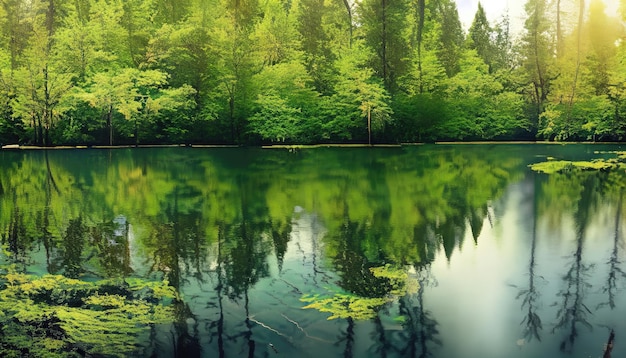 Green of the forest which is reflected in the surface of the water