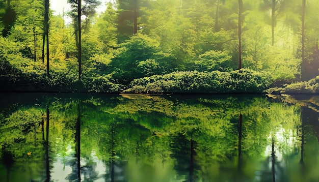 Green of the forest which is reflected in the surface of the water