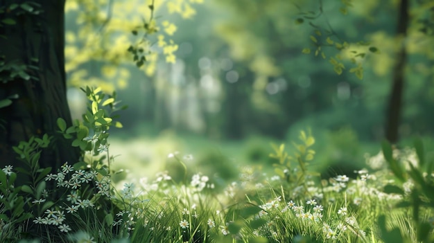 a green forest with a dog in the foreground