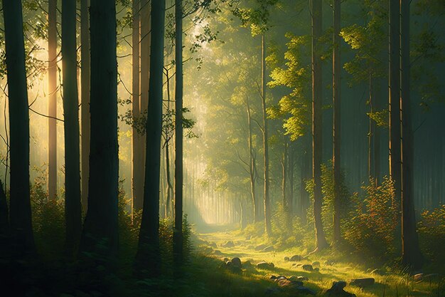 Green forest with lush trees at autumn dawn wonderful wild woods on sunny day environment and wildlife conservation idea brightly lighted with sunlight rays