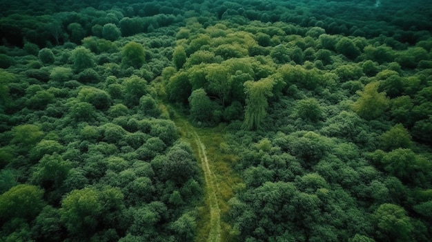 A green forest with a path that is surrounded by trees.