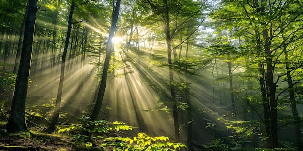 Green forest with sun rays filtering through trees