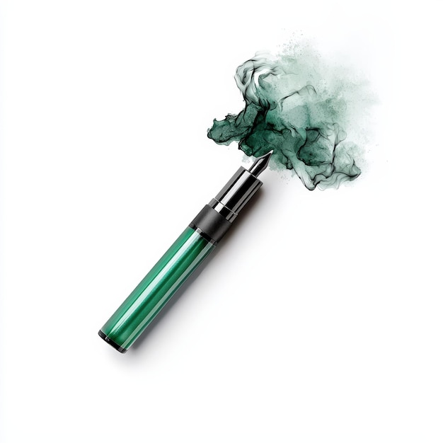 A green fountain pen with a swirling ink splash representing creativity and elegance in writing