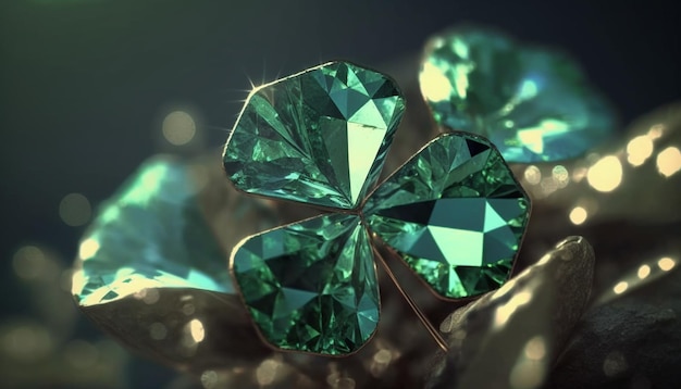 A green four leaf clover sits in a silver bowl.