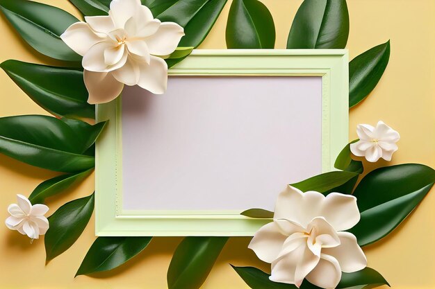 A green frame with magnolia flowers on it