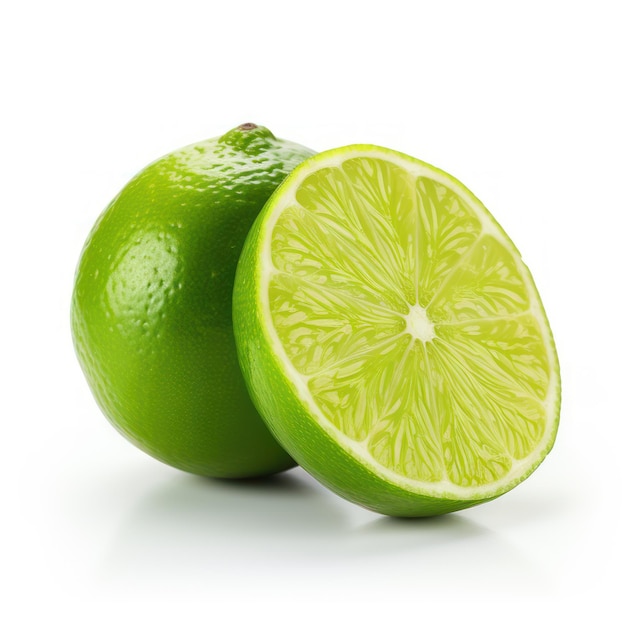 Green fresh lemons on white background