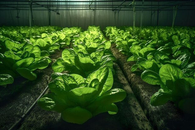 Green fresh organic Romaine lettuce growing in vegetable plots inside greenhouse farm Generative Ai