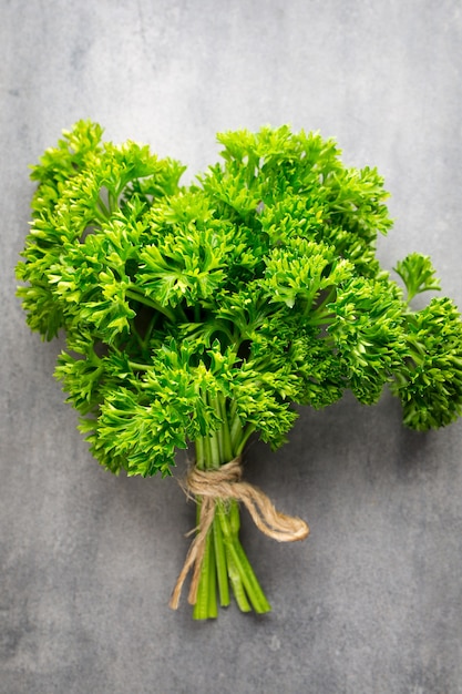 Green, fresh parsley on gray metal surface.