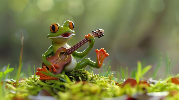 A green frog figurine plays a guitar in a mossy forest setting